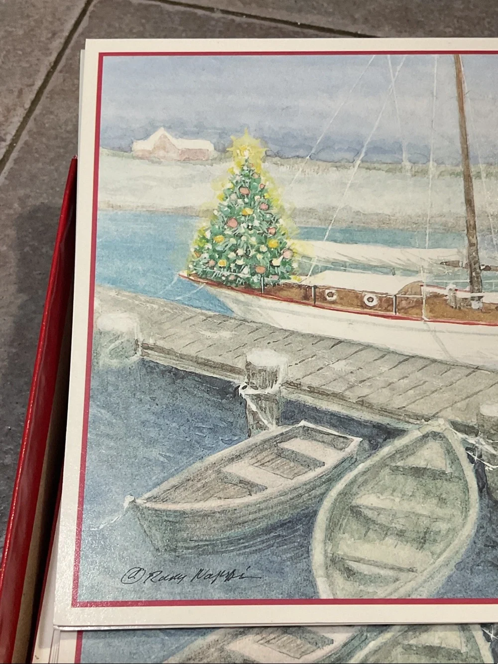 Holiday Harbor Christmas Cards - Red Border, Blue Scenic Design